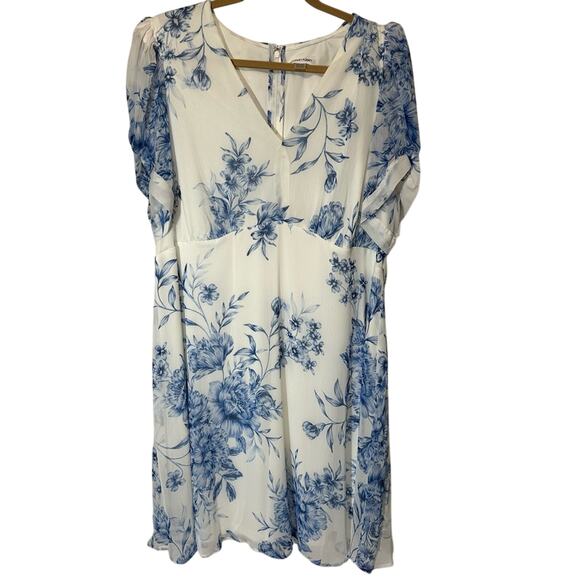 Calvin Klein Women’s 16W White Blue Floral Chiffon Midi Dress Church Office‎ - Picture 1 of 7